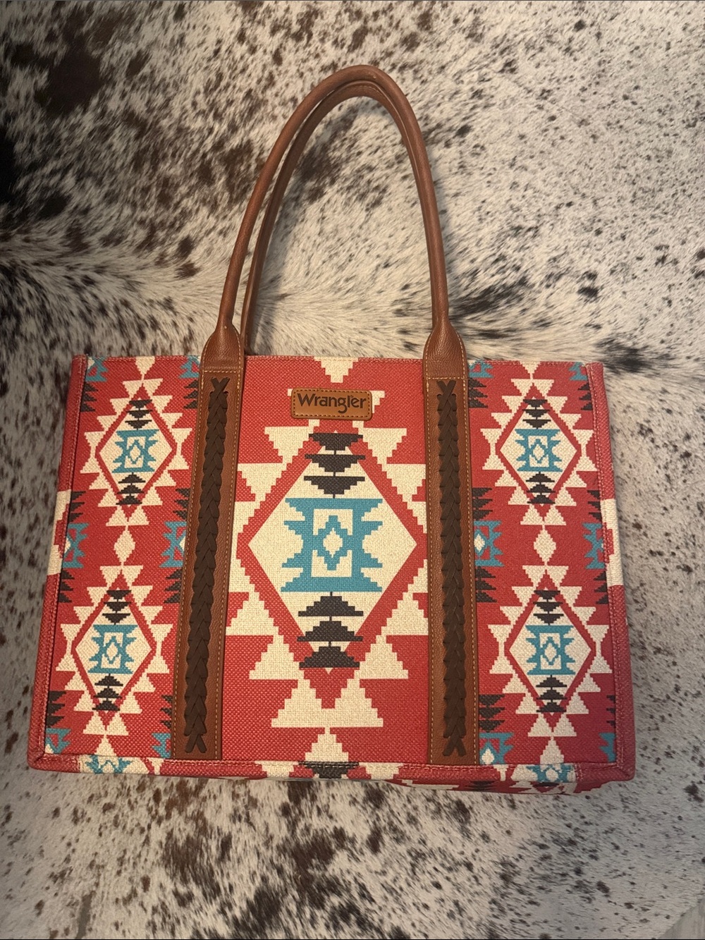 Wrangler Red Aztec Tote with Brown Handles and Turquoise Accents